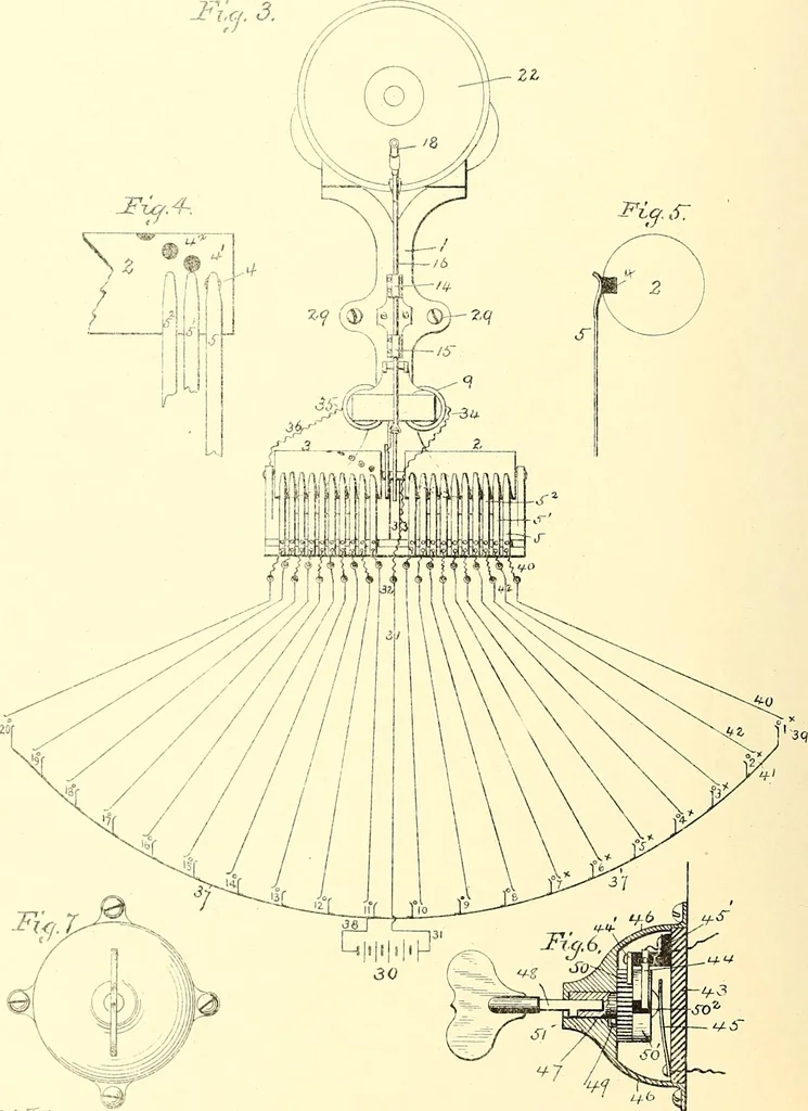 An illustration from U.S. patents covering time keeping mechanisms, 1892, leaf 345