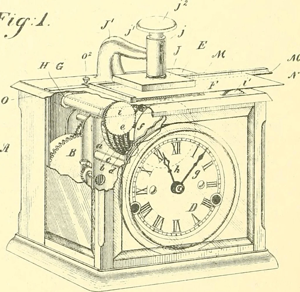 An illustration from U.S. patents covering time keeping mechanisms, 1892, leaf 351