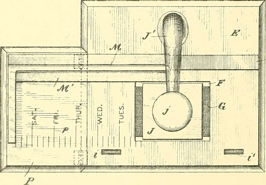 An illustration from U.S. patents covering time keeping mechanisms, 1892, leaf 353