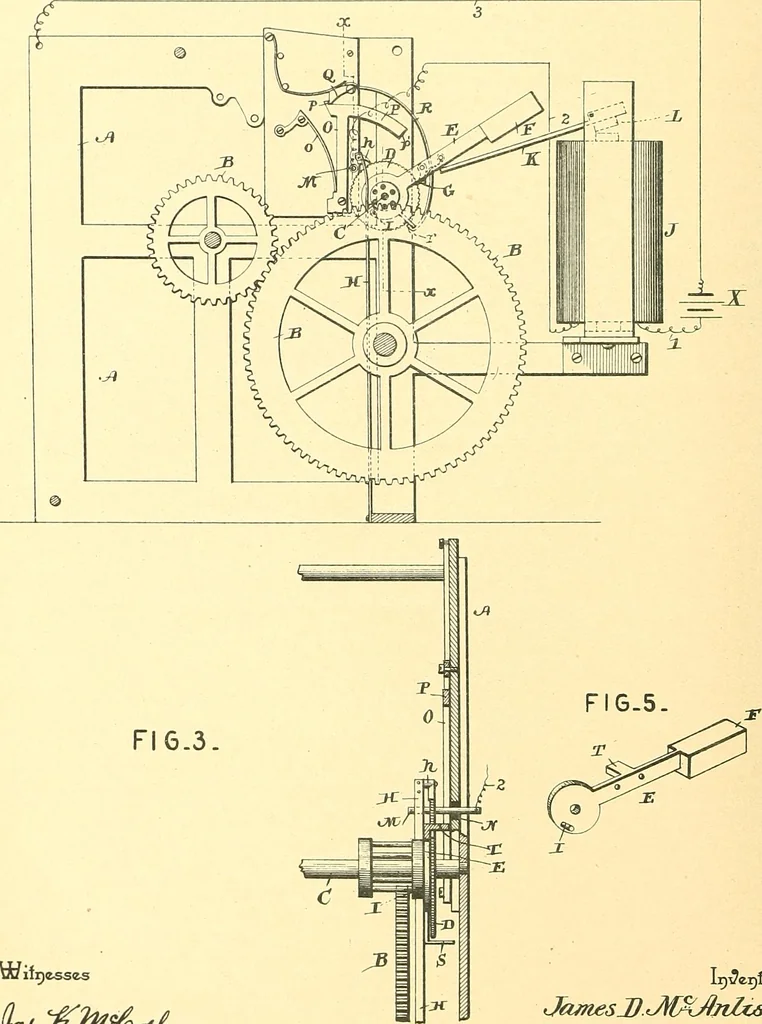 An illustration from U.S. patents covering time keeping mechanisms, 1892, leaf 357