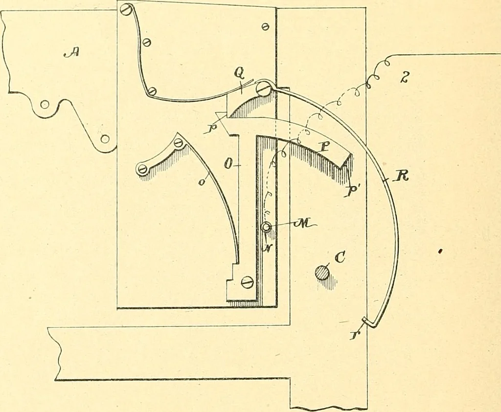 An illustration from U.S. patents covering time keeping mechanisms, 1892, leaf 359