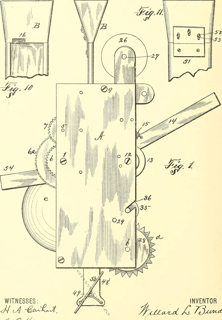 An illustration from U.S. patents covering time keeping mechanisms, 1892, leaf 363