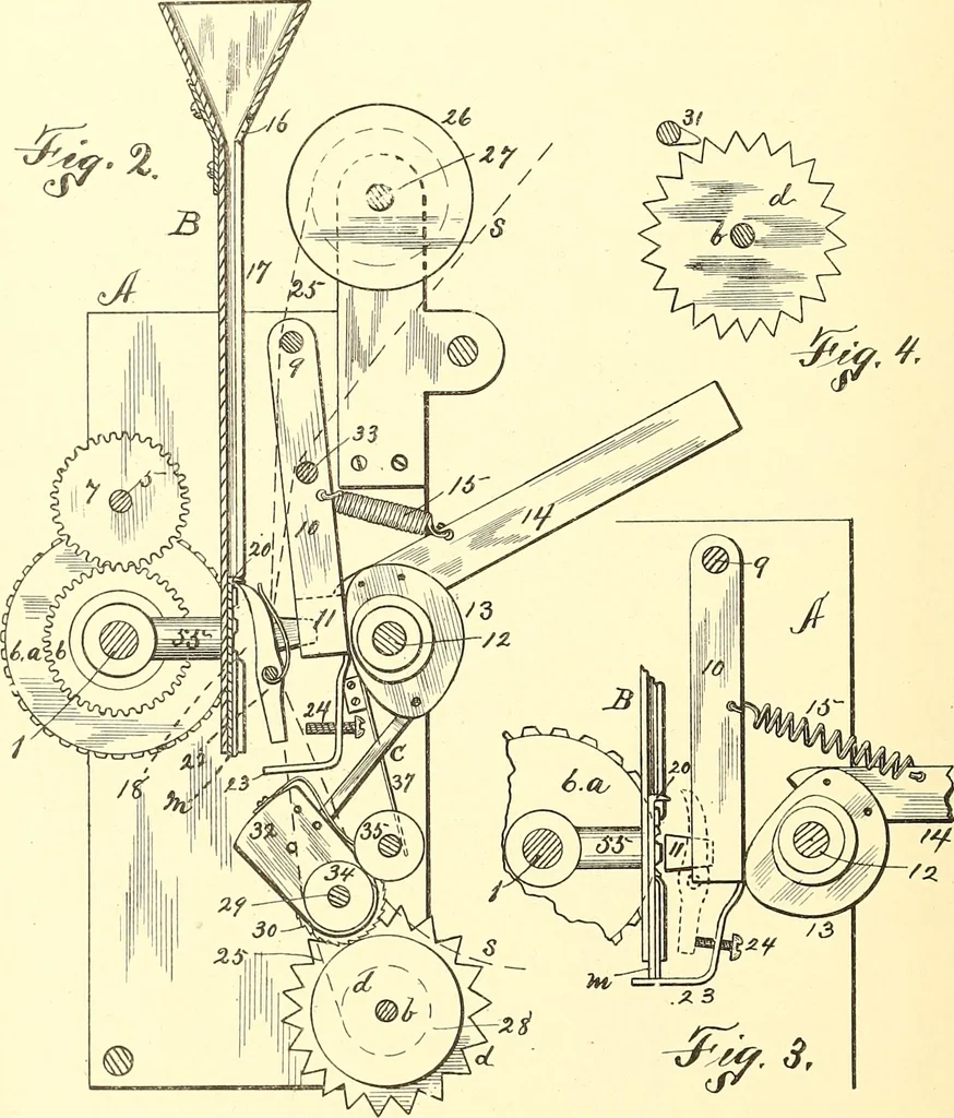 An illustration from U.S. patents covering time keeping mechanisms, 1892, leaf 365