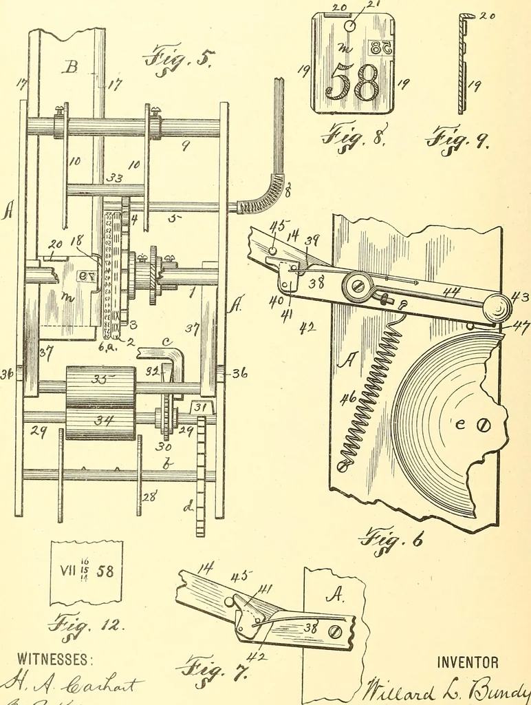An illustration from U.S. patents covering time keeping mechanisms, 1892, leaf 367