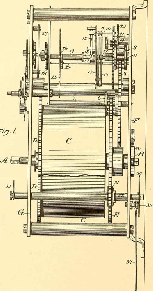 An illustration from U.S. patents covering time keeping mechanisms, 1892, leaf 37