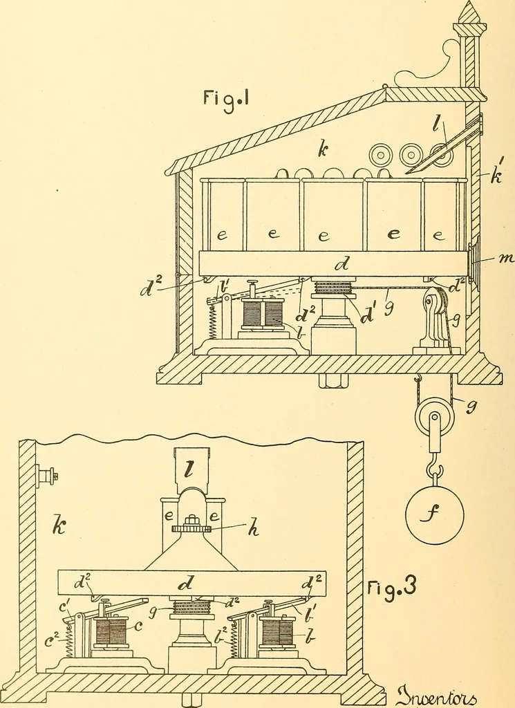 An illustration from U.S. patents covering time keeping mechanisms, 1892, leaf 373