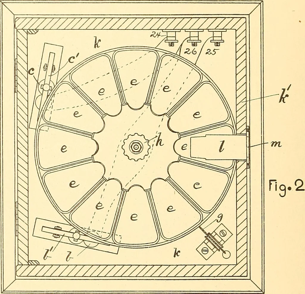 An illustration from U.S. patents covering time keeping mechanisms, 1892, leaf 375