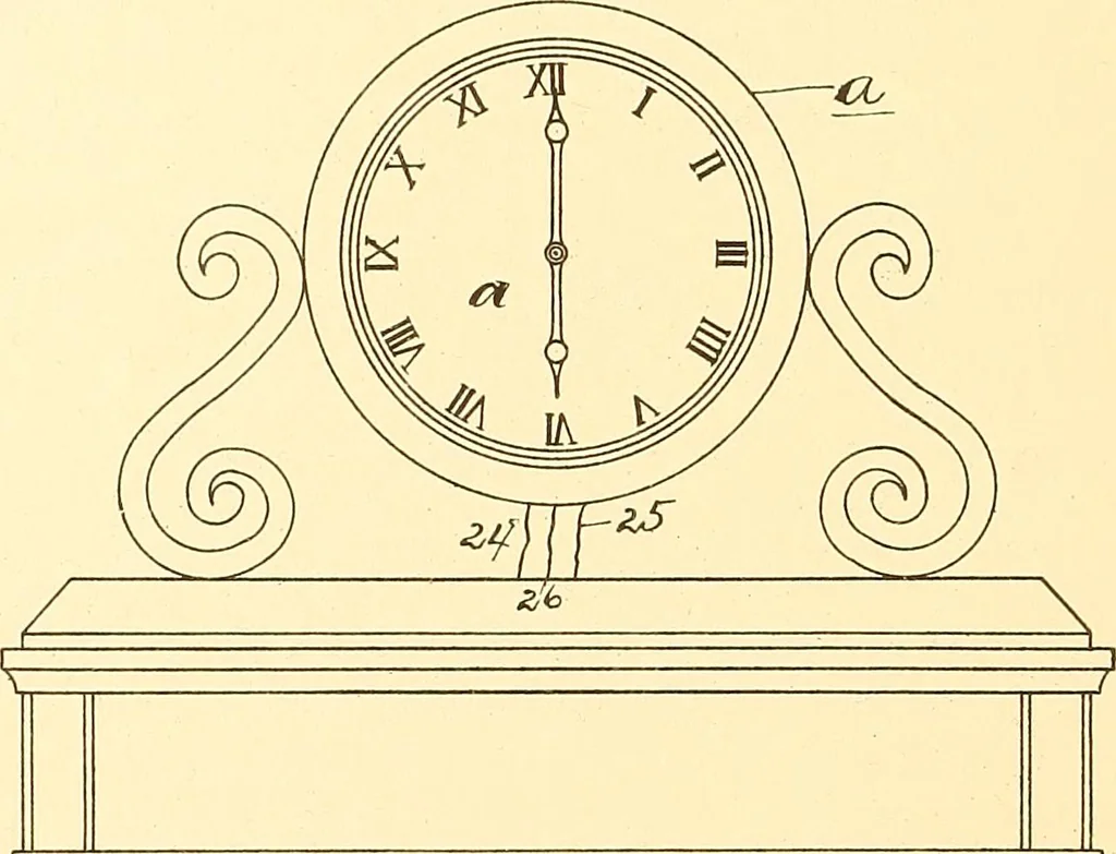 An illustration from U.S. patents covering time keeping mechanisms, 1892, leaf 377
