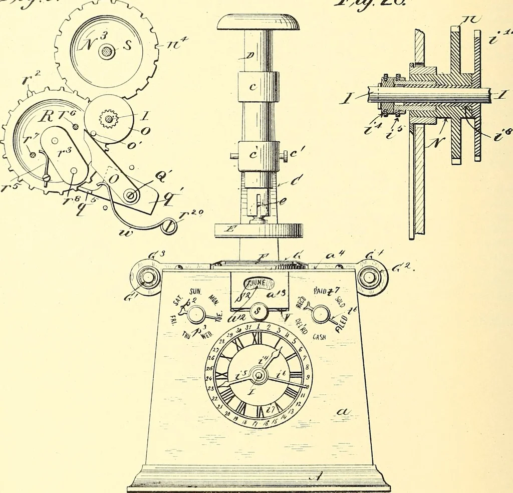 An illustration from U.S. patents covering time keeping mechanisms, 1892, leaf 381