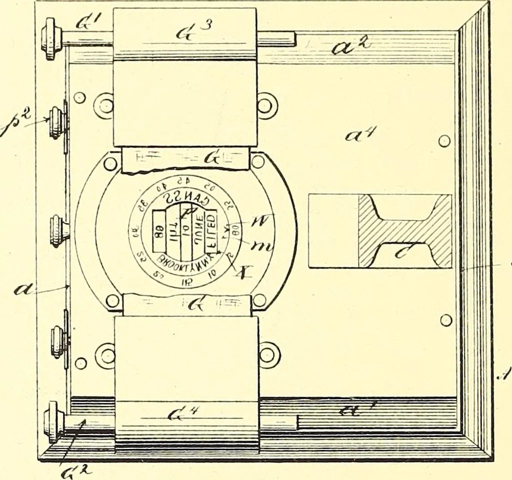 An illustration from U.S. patents covering time keeping mechanisms, 1892, leaf 383