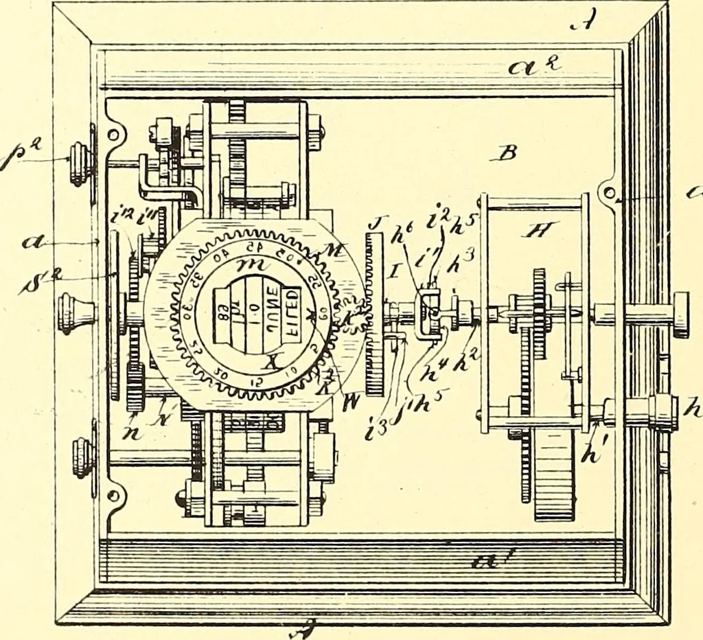 An illustration from U.S. patents covering time keeping mechanisms, 1892, leaf 383