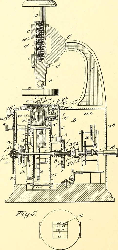An illustration from U.S. patents covering time keeping mechanisms, 1892, leaf 385