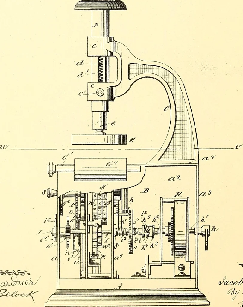 An illustration from U.S. patents covering time keeping mechanisms, 1892, leaf 387