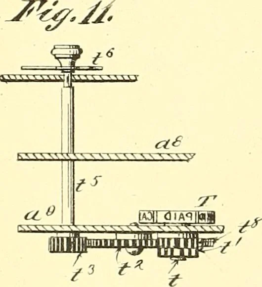An illustration from U.S. patents covering time keeping mechanisms, 1892, leaf 389