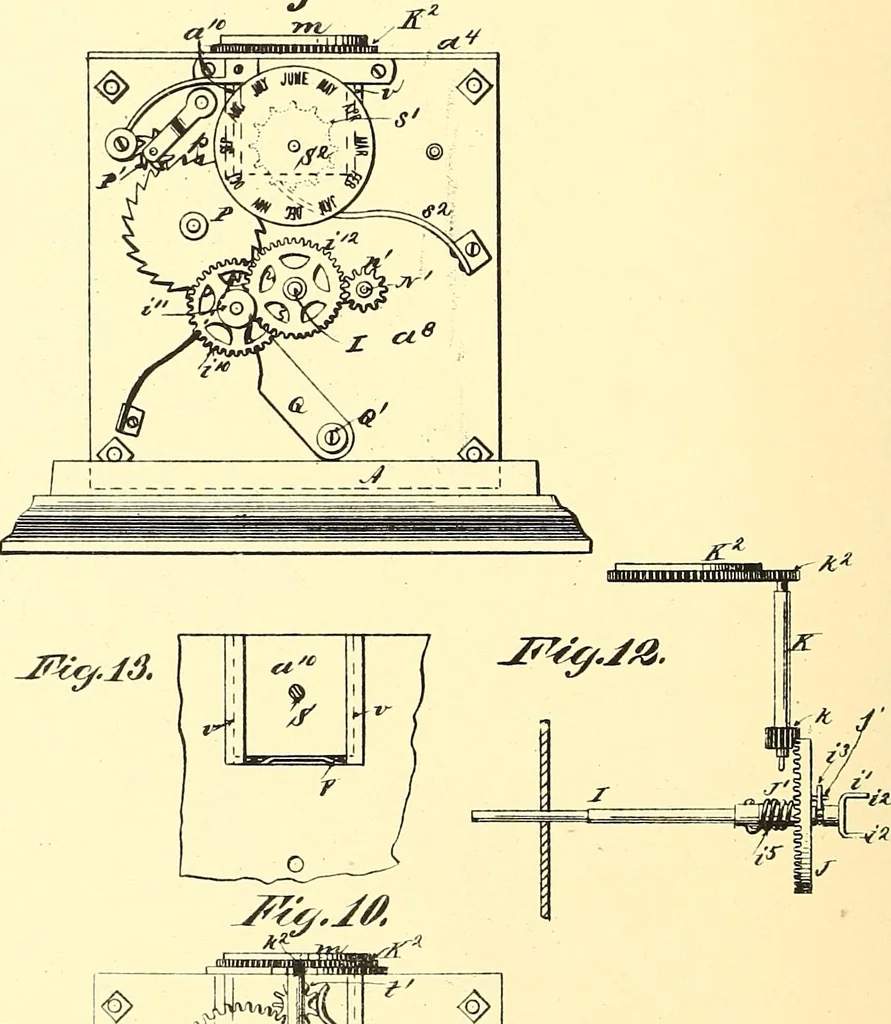 An illustration from U.S. patents covering time keeping mechanisms, 1892, leaf 389