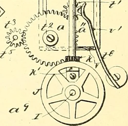 An illustration from U.S. patents covering time keeping mechanisms, 1892, leaf 389