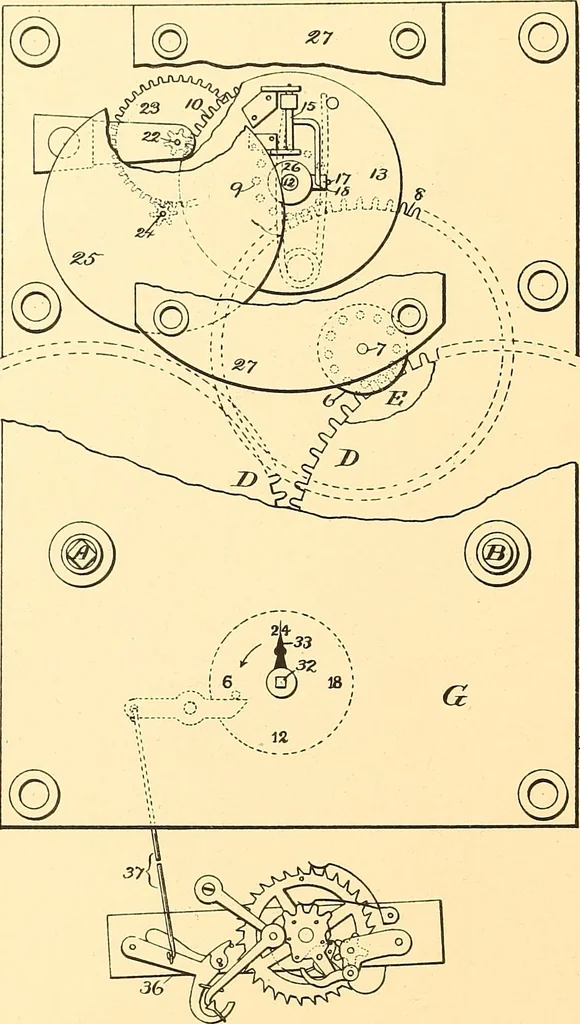 An illustration from U.S. patents covering time keeping mechanisms, 1892, leaf 39