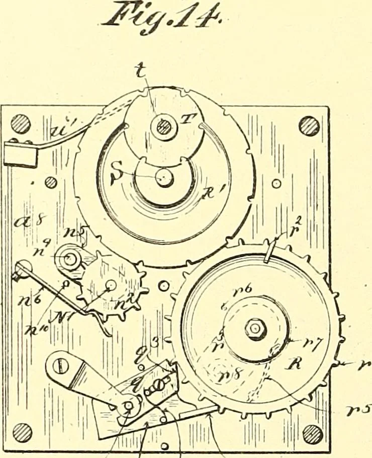 An illustration from U.S. patents covering time keeping mechanisms, 1892, leaf 391