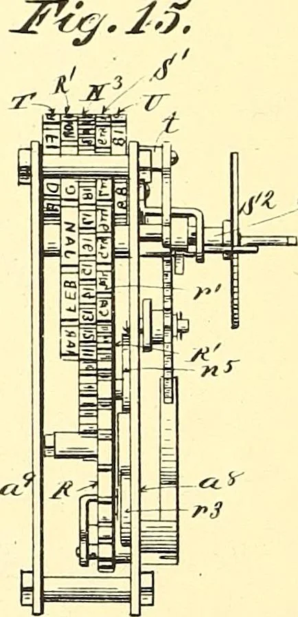 An illustration from U.S. patents covering time keeping mechanisms, 1892, leaf 391