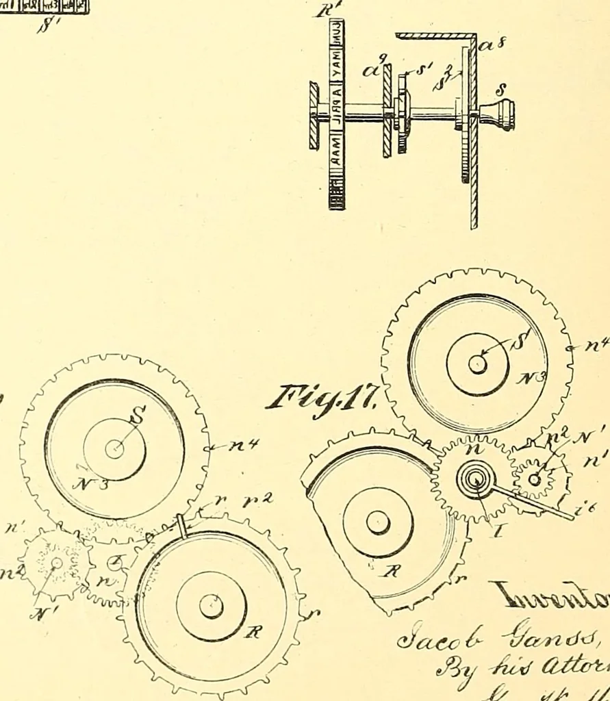 An illustration from U.S. patents covering time keeping mechanisms, 1892, leaf 391