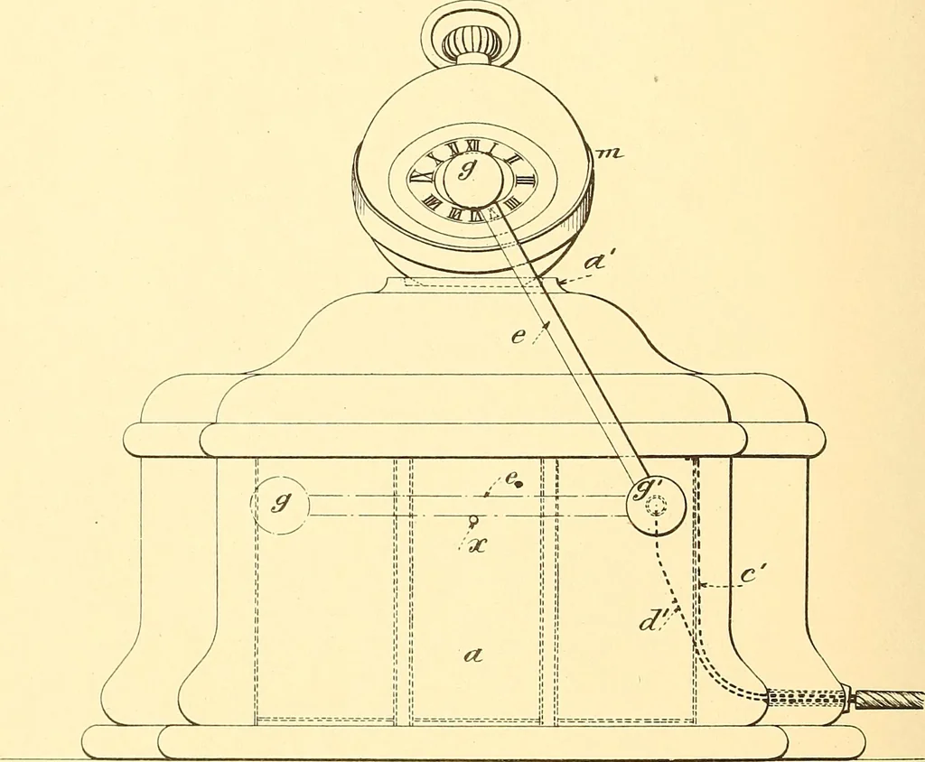 An illustration from U.S. patents covering time keeping mechanisms, 1892, leaf 399