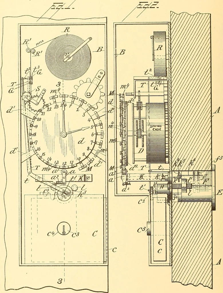 An illustration from U.S. patents covering time keeping mechanisms, 1892, leaf 405