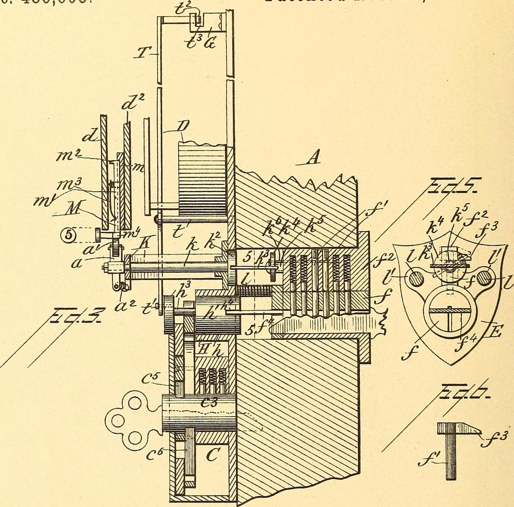 An illustration from U.S. patents covering time keeping mechanisms, 1892, leaf 407