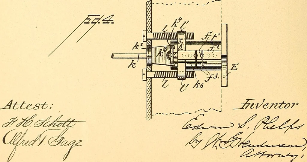An illustration from U.S. patents covering time keeping mechanisms, 1892, leaf 407