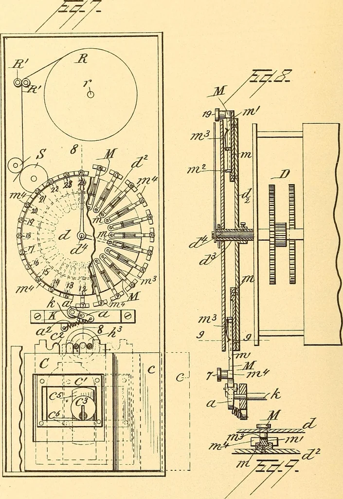 An illustration from U.S. patents covering time keeping mechanisms, 1892, leaf 409