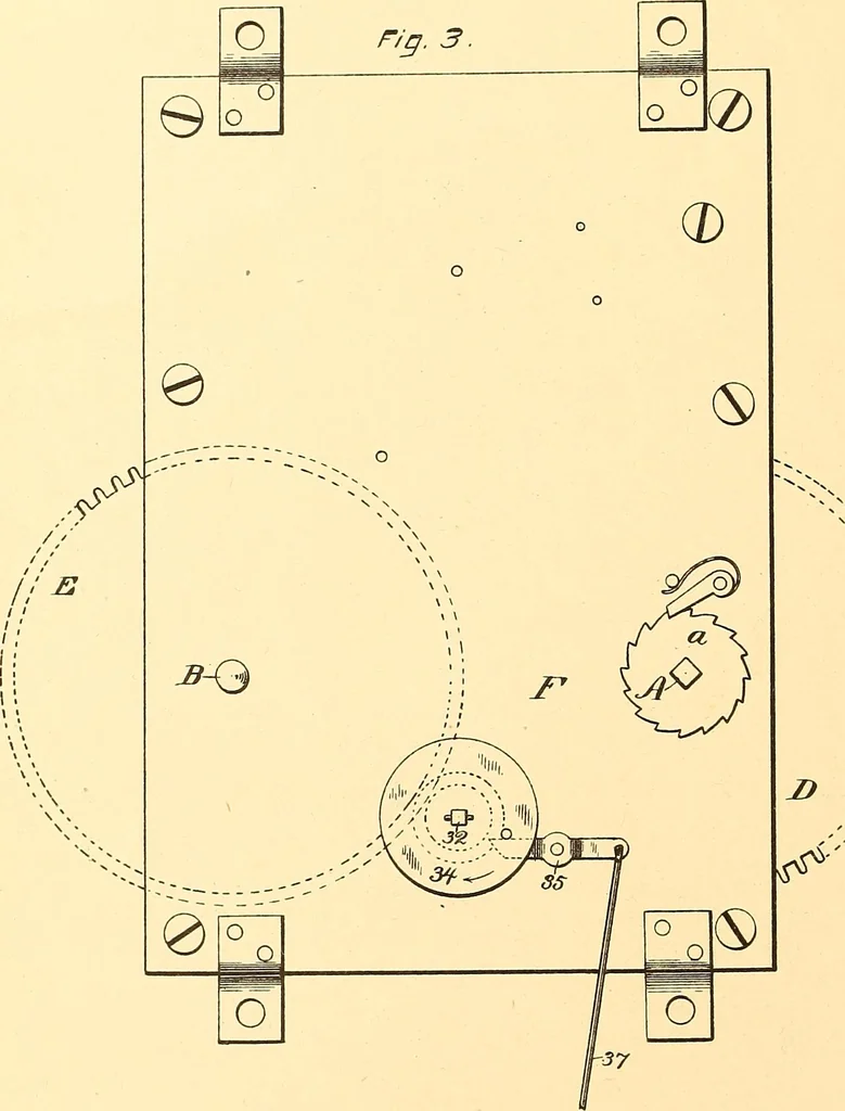 An illustration from U.S. patents covering time keeping mechanisms, 1892, leaf 41