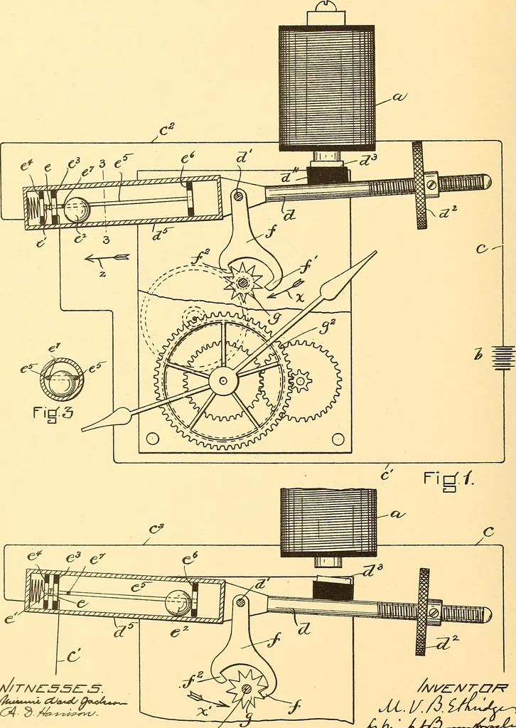 An illustration from U.S. patents covering time keeping mechanisms, 1892, leaf 415