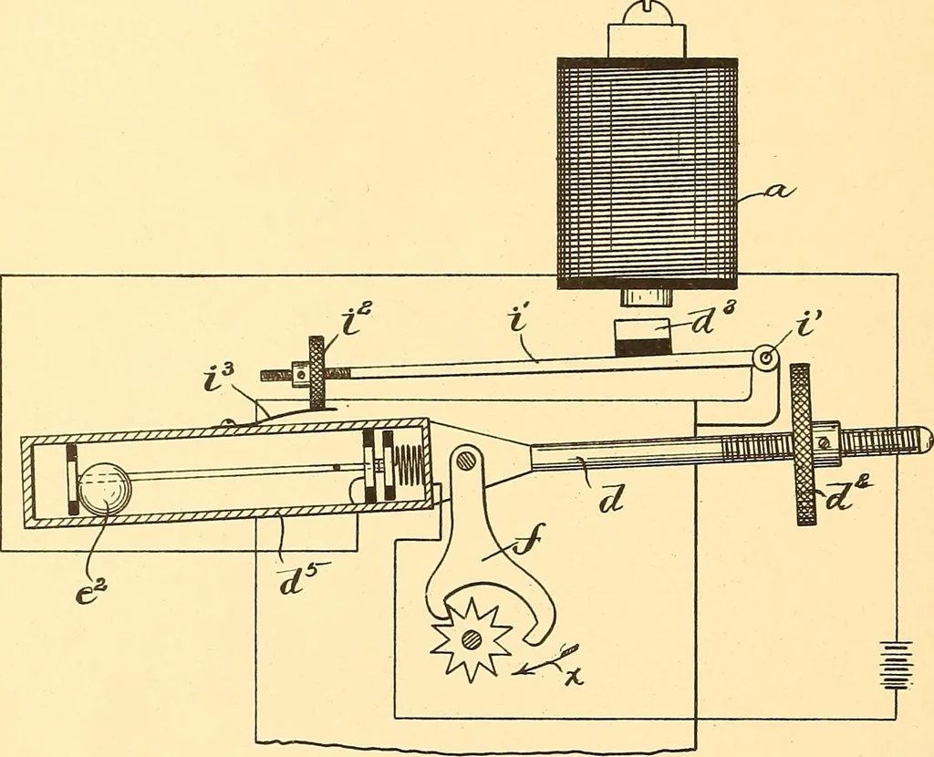 An illustration from U.S. patents covering time keeping mechanisms, 1892, leaf 417