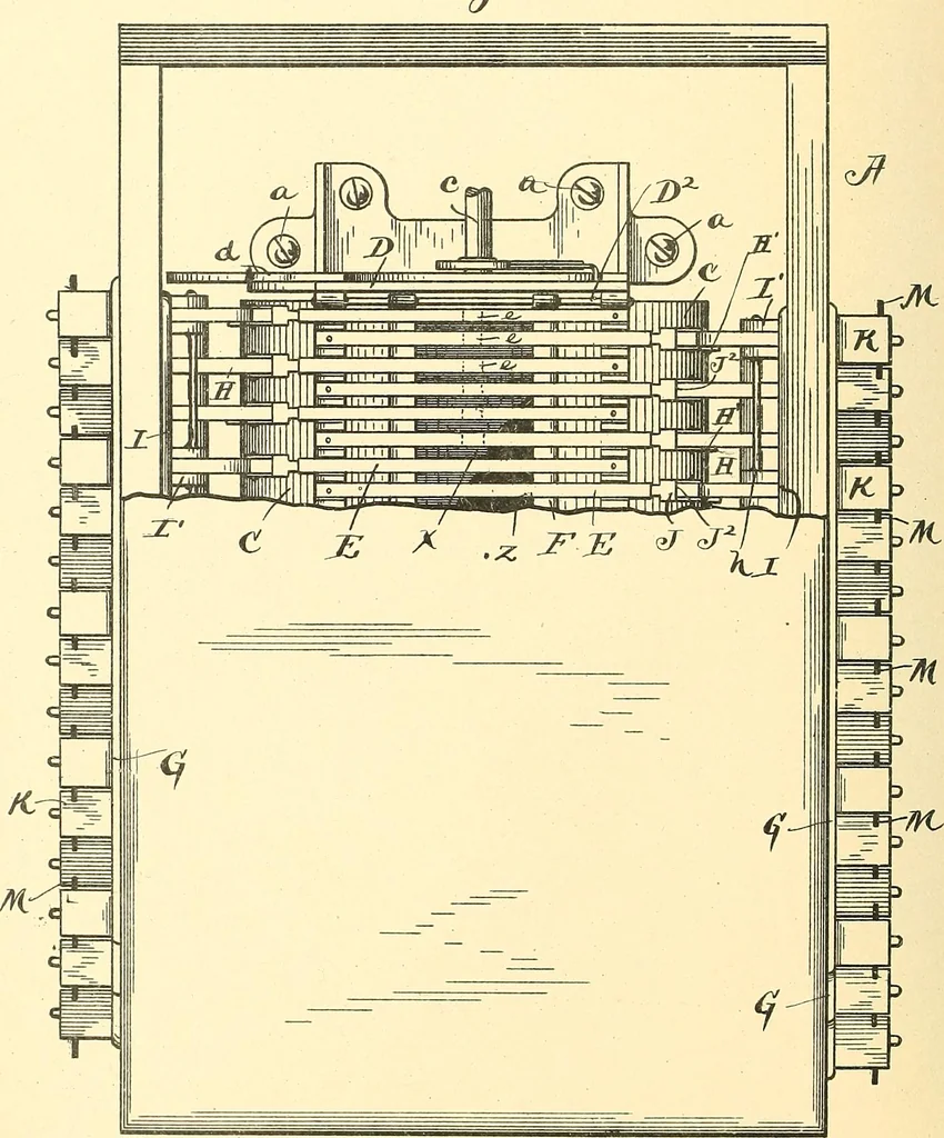 An illustration from U.S. patents covering time keeping mechanisms, 1892, leaf 423