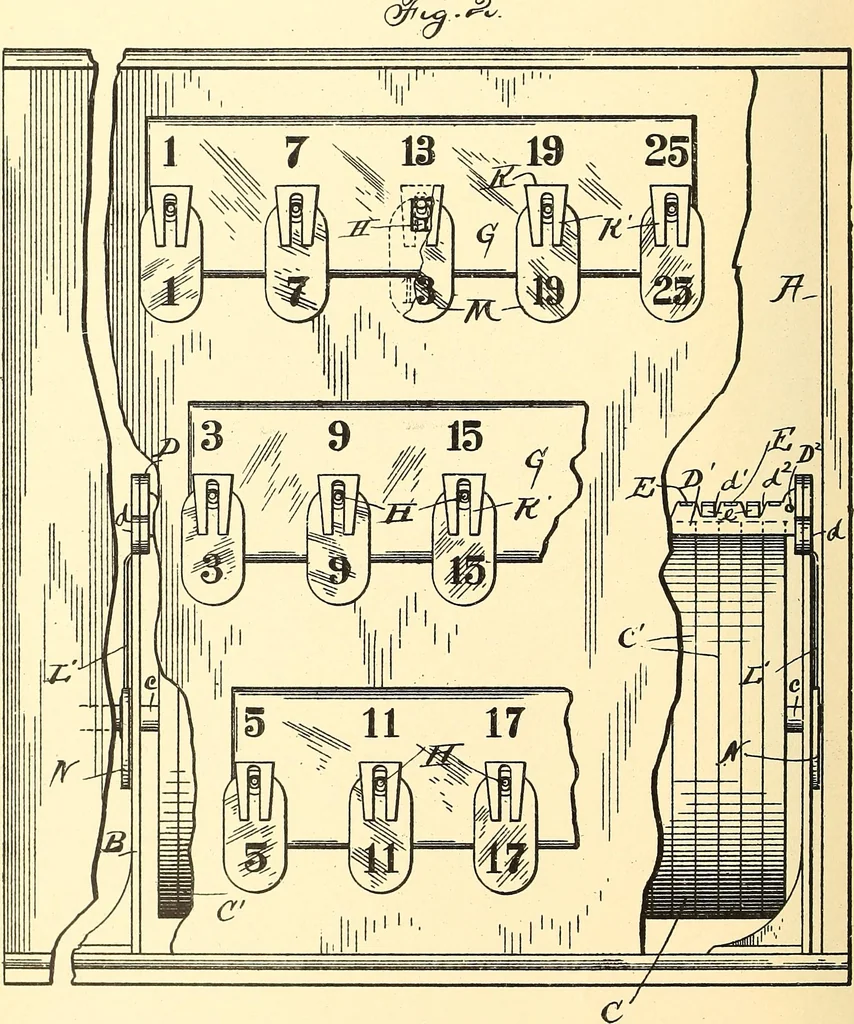 An illustration from U.S. patents covering time keeping mechanisms, 1892, leaf 425