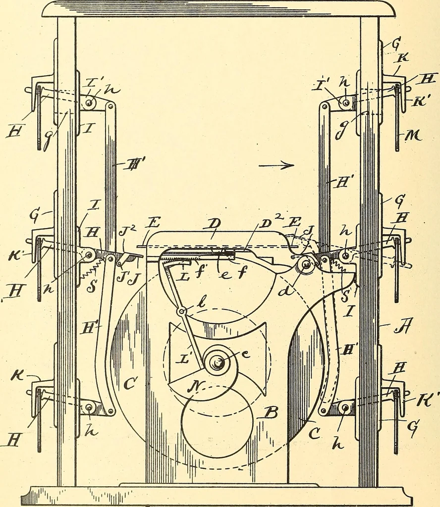 An illustration from U.S. patents covering time keeping mechanisms, 1892, leaf 427