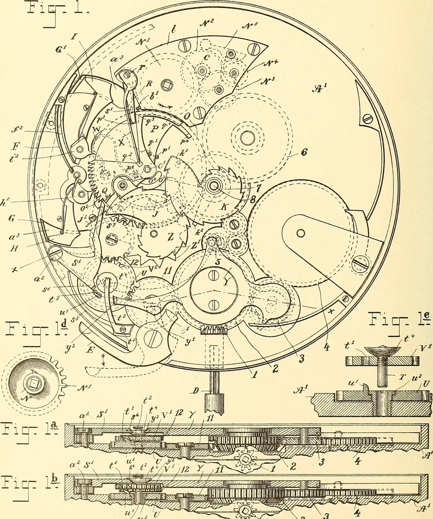 An illustration from U.S. patents covering time keeping mechanisms, 1892, leaf 437