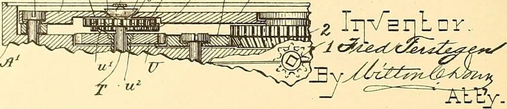 An illustration from U.S. patents covering time keeping mechanisms, 1892, leaf 437