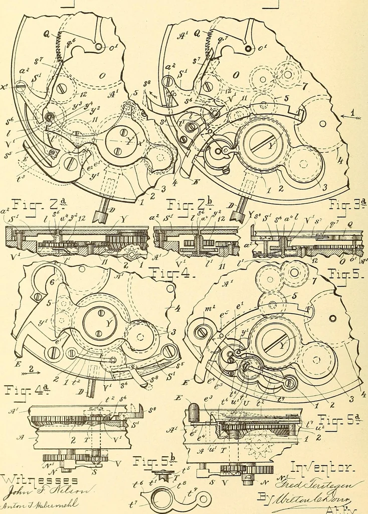 An illustration from U.S. patents covering time keeping mechanisms, 1892, leaf 439