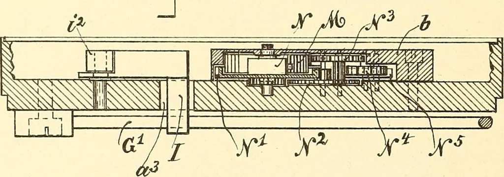 An illustration from U.S. patents covering time keeping mechanisms, 1892, leaf 441