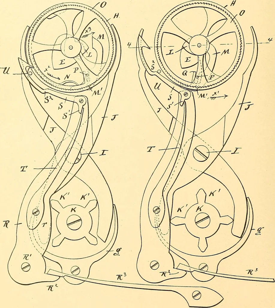 An illustration from U.S. patents covering time keeping mechanisms, 1892, leaf 45