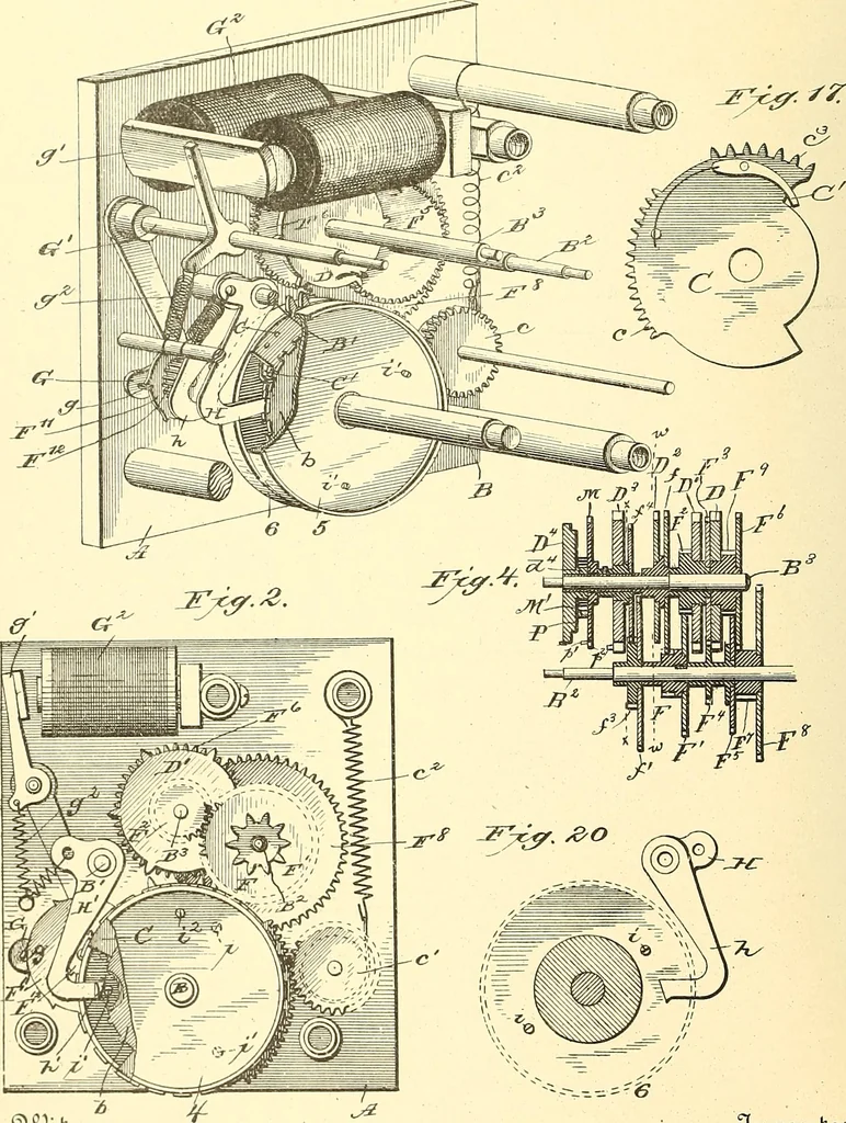 An illustration from U.S. patents covering time keeping mechanisms, 1892, leaf 453