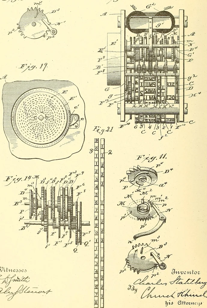 An illustration from U.S. patents covering time keeping mechanisms, 1892, leaf 455