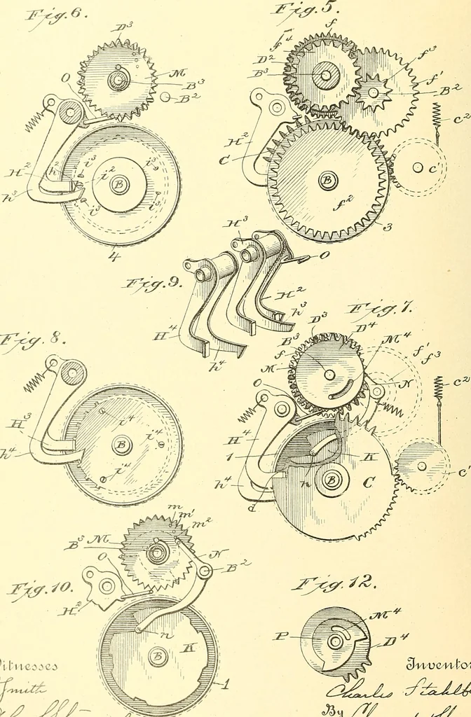 An illustration from U.S. patents covering time keeping mechanisms, 1892, leaf 457