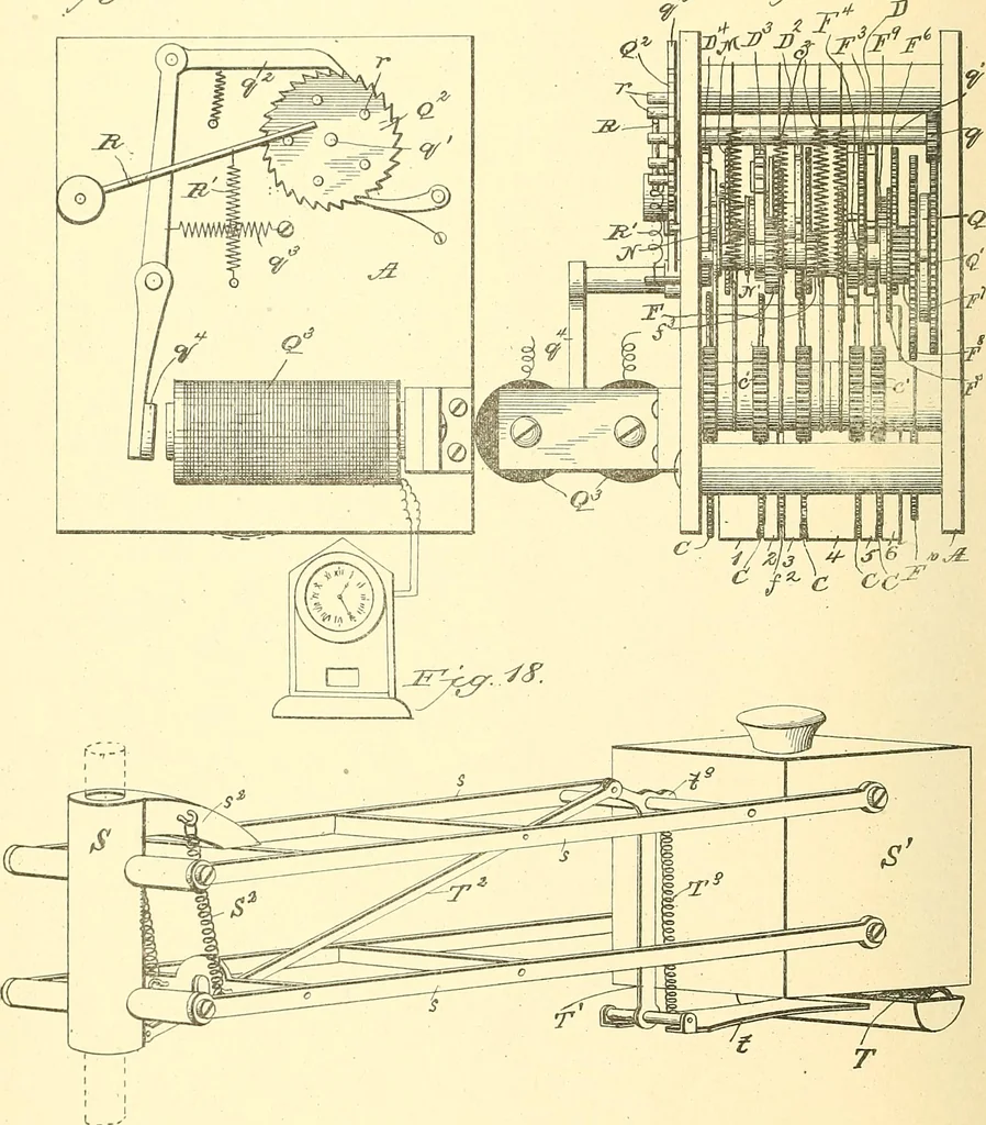 An illustration from U.S. patents covering time keeping mechanisms, 1892, leaf 459