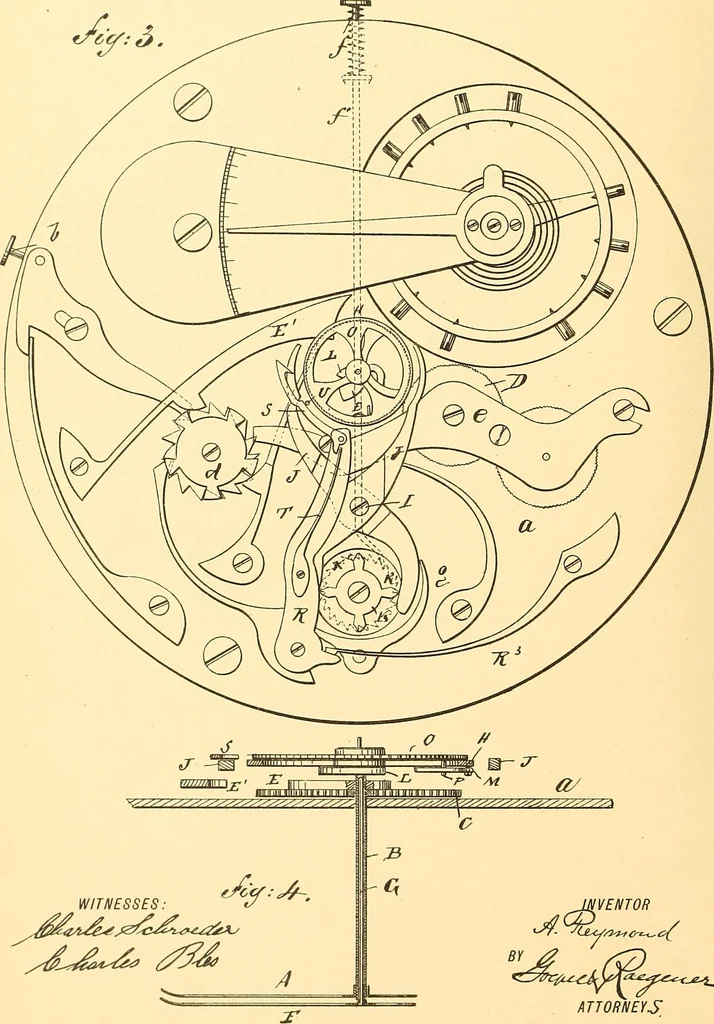 An illustration from U.S. patents covering time keeping mechanisms, 1892, leaf 47