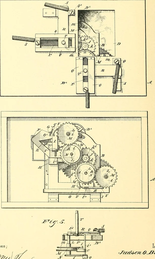 An illustration from U.S. patents covering time keeping mechanisms, 1892, leaf 471