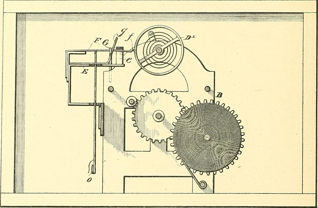 An illustration from U.S. patents covering time keeping mechanisms, 1892, leaf 473