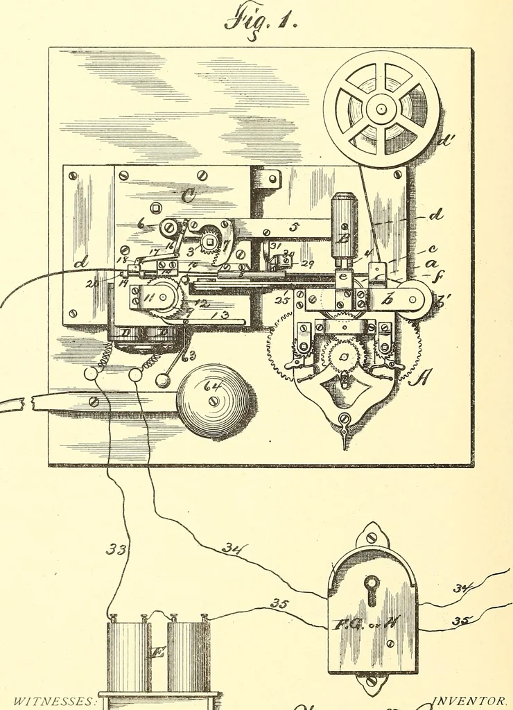 An illustration from U.S. patents covering time keeping mechanisms, 1892, leaf 479