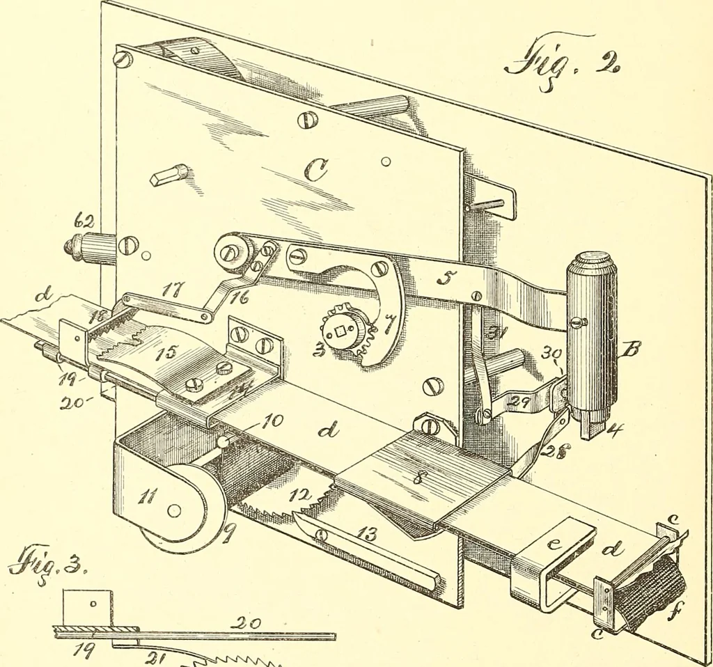 An illustration from U.S. patents covering time keeping mechanisms, 1892, leaf 481