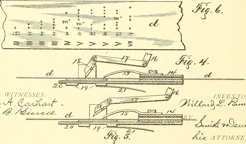 An illustration from U.S. patents covering time keeping mechanisms, 1892, leaf 481